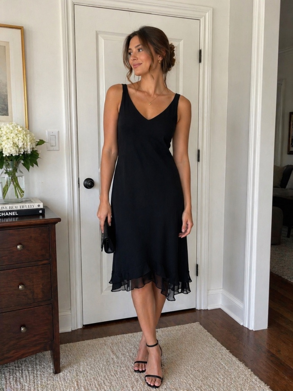 Elegant Black V-Neck Midi Dress with Ruffle Hem